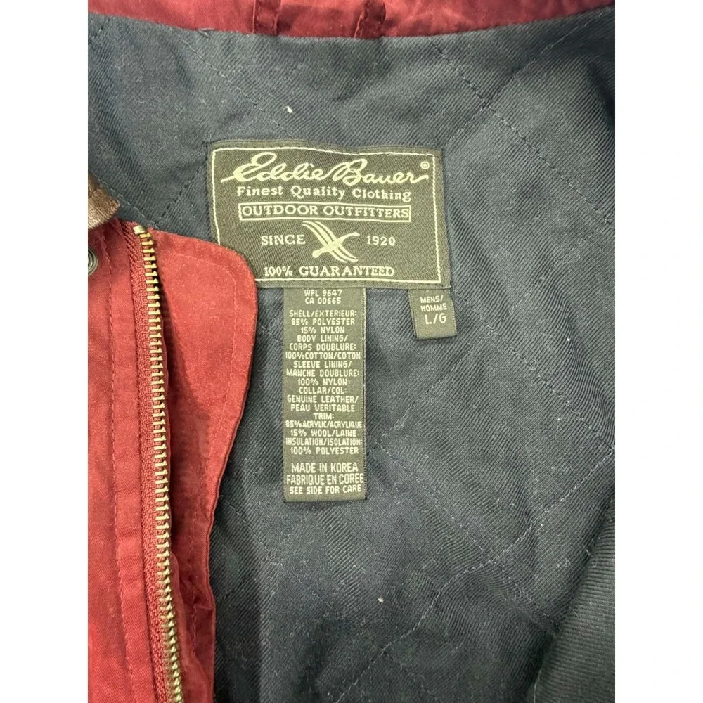 Vintage‎ Eddie Bauer Quilted Barn Jacket Acrylic Trim Leather Collar Red LG